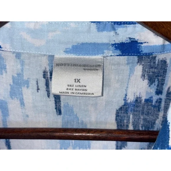 NOTTIBIANCHE Linen Shirt Dress Caftan Midi Maxi Button Lagenlook Blue Ikat 1X - Picture 3 of 9